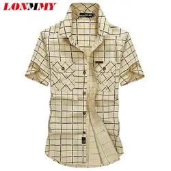 LONMMY M-5XL рубашка в клетку для мужчин Chemise homme хлопок брендовая одежда s Мужская классическая рубашка Военная Униформа короткий рукав мода 2018