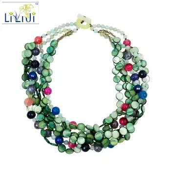 Lii Ji Green Color Shell,Color Agate,Jade Toggle Clasp ,7-strands Necklace about 50cm