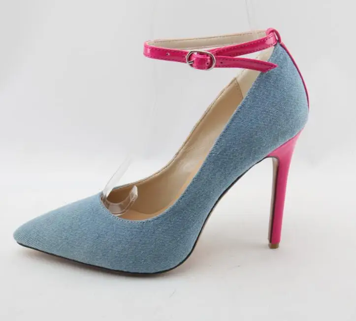 

Denim Blue High Heel Shoes Sexy Pointed toe Ankle Strap Woman Pumps 2018 Newest Pink Stiletto Heel Dress Shoes Real Photo