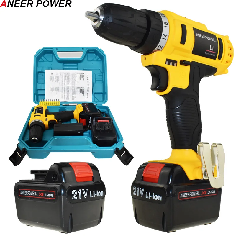 

2Pcs Batteries 21V Screwdriver Electric Screwdriver Mini Battery Drill Cordless Drill Power Tools Electric Drill+The plastic box