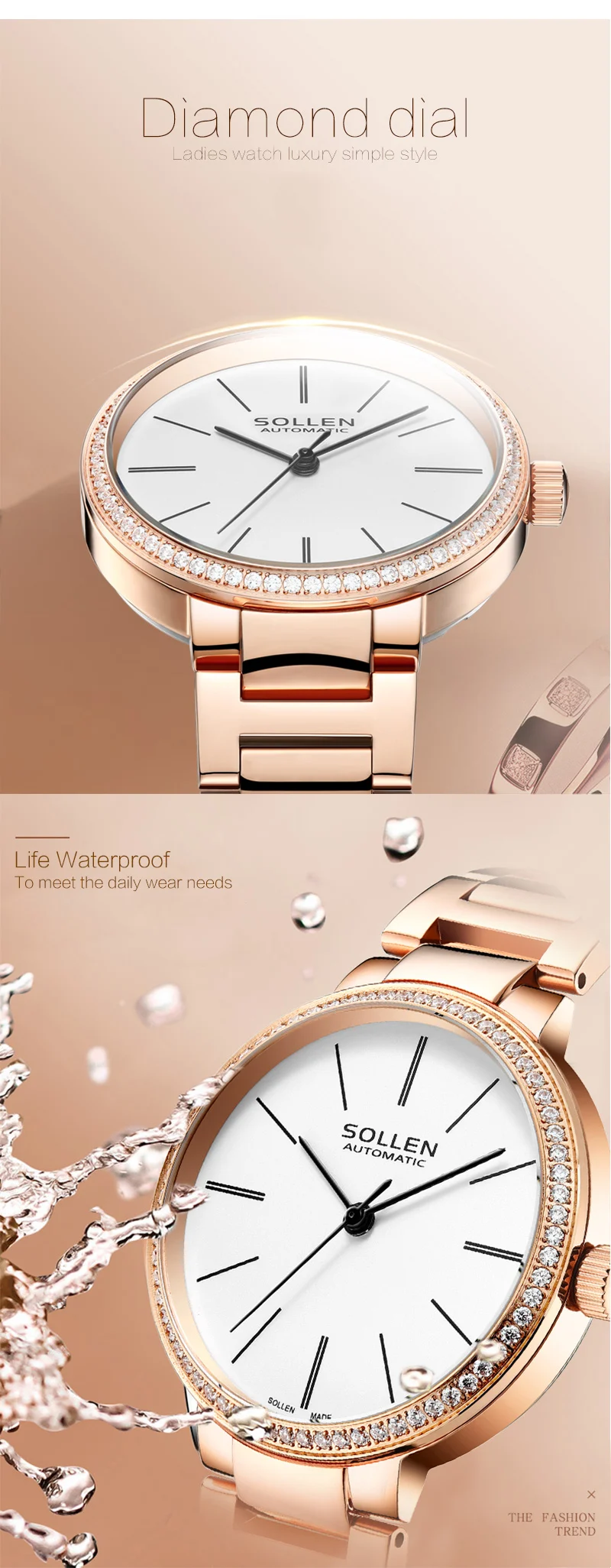 Элитный бренд розовое золото Для женщин часы Повседневное простой автоматический механические часы для девочек Сталь браслет женские наручные часы