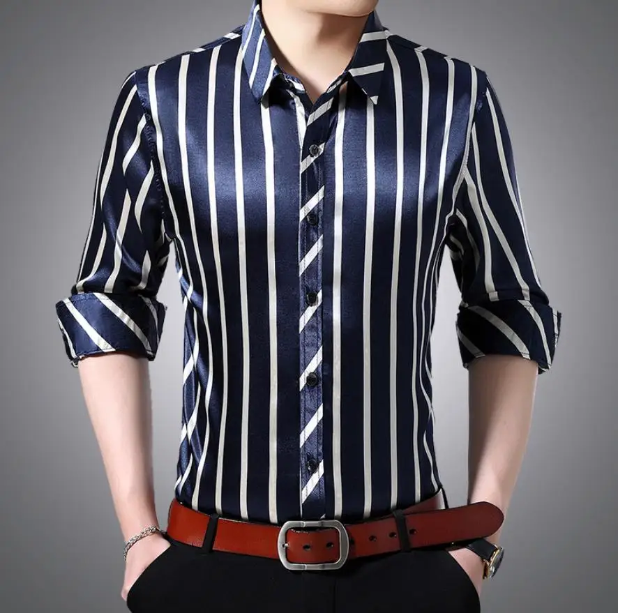 Men Summer Thin Silk Shirt Men Business Casual Shirts Stripe Long Sleeve Print Shirt Cool and breathable