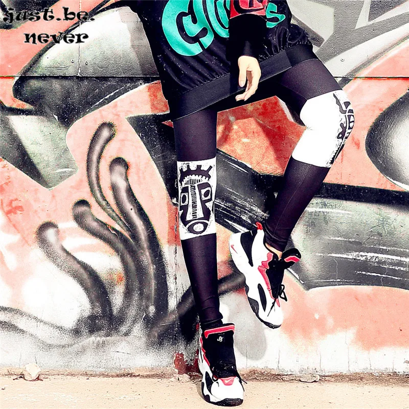 

Just.be.never women Hip Hop Leggings black white cartoon Head Portrait print Punk Heren Pants Rock Dragon Young Girl Streetwear