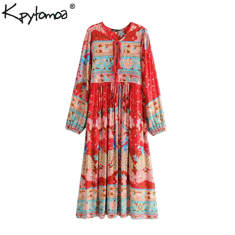 

Boho Chic Summer Vintage Floral Print Pleated Dress Women 2019 Fashion Lace Up Tassel Long Sleeve Beach Dresses Vestidos Mujer
