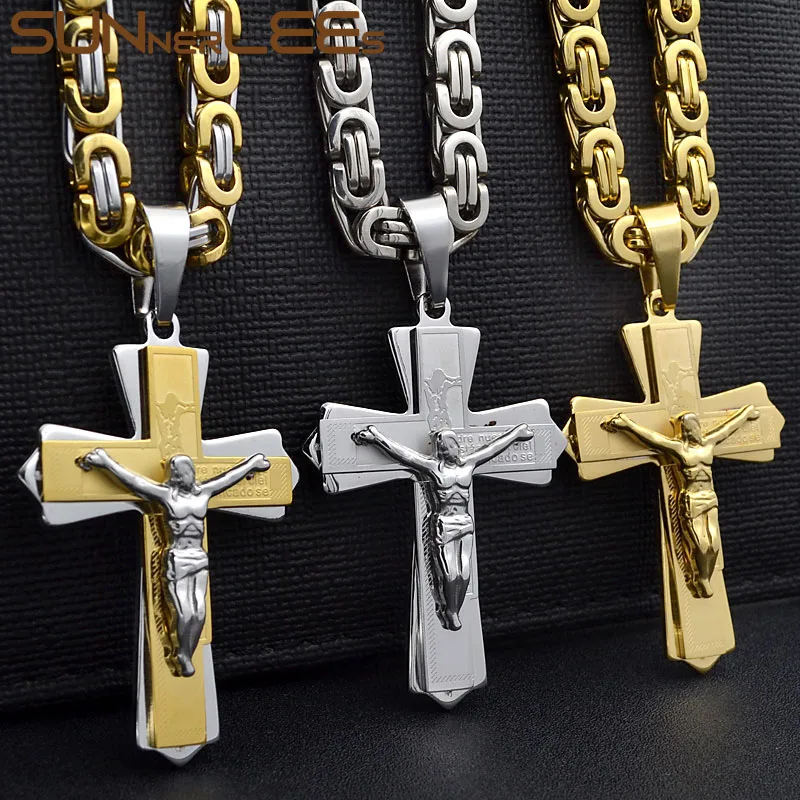 

SUNNERLEES Stainless Steel Jesus Christ Cross Pendant Necklace Byzantine Link Chain Gold Color For Men SP221