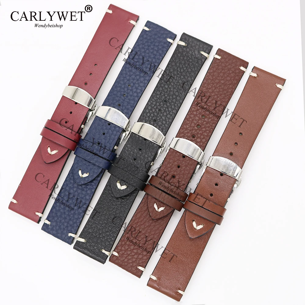 

CARLYWET 20 22 24mm Leather Brown Black Red Blue VINTAGE Replacement Wrist Watch Band Strap Belt with Clasp for Brand Watch
