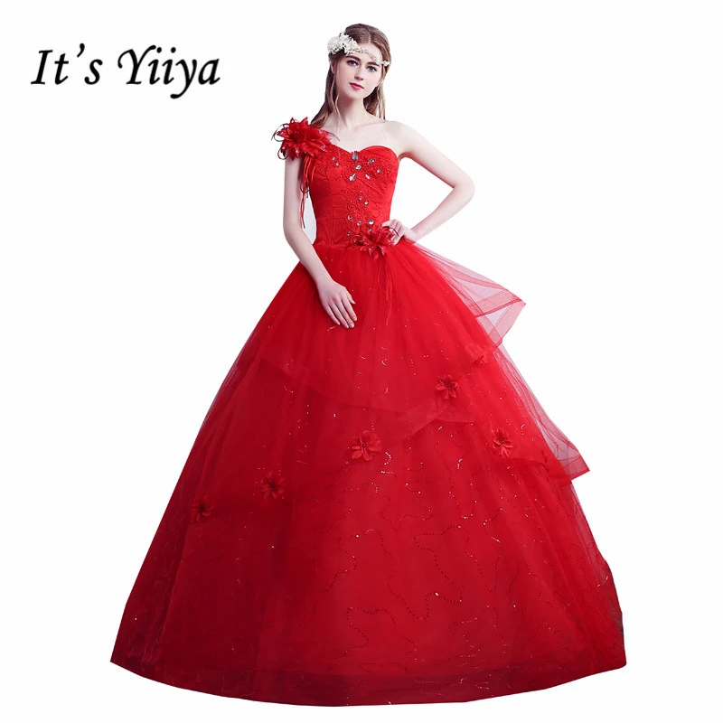 

Custom Made Strapless Sequins One Shoulder Wedding Dresses Red White Cheap Bride Ball Gowns Real PhotoVestidos De Novia XXN135