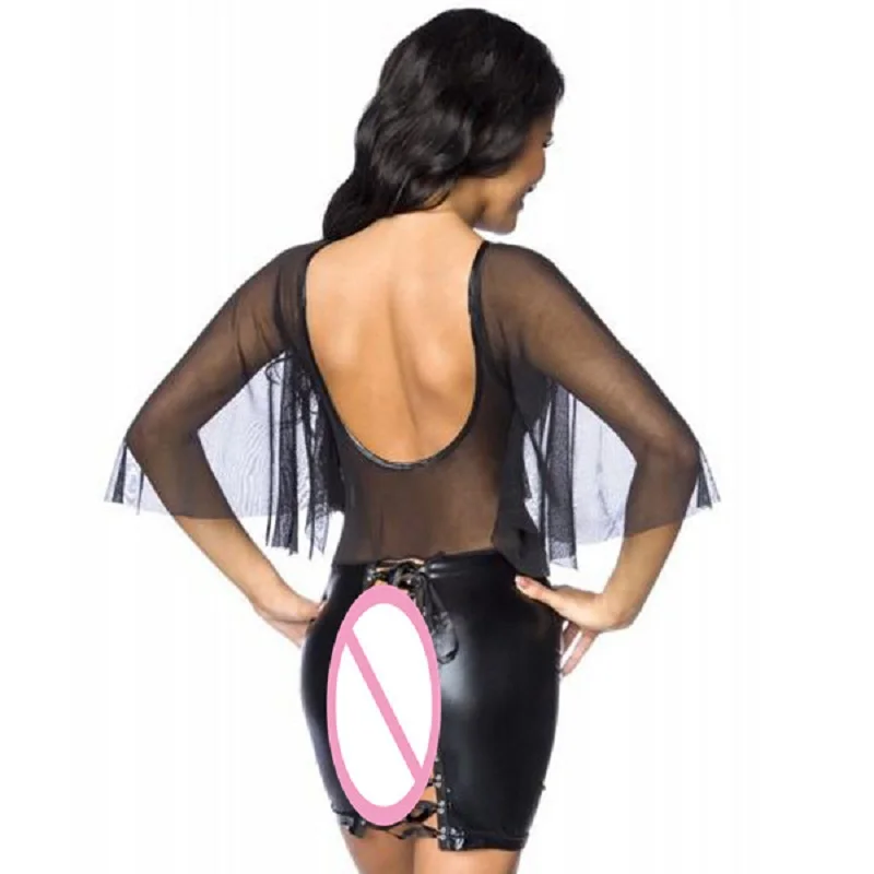 Black Mesh Patchwork Clubwear Transparent Batwing Sleeve Nightclub Wet Look Vestidos Exotic Woman Backless Short Sexy Club Dress (5)