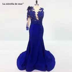 Vestido longo de formatura2019 Новый из кружева, с вырезом на шее атласная одно плечо Длинные рукава ярко-синий сексуальный комбинезон русалка платья для