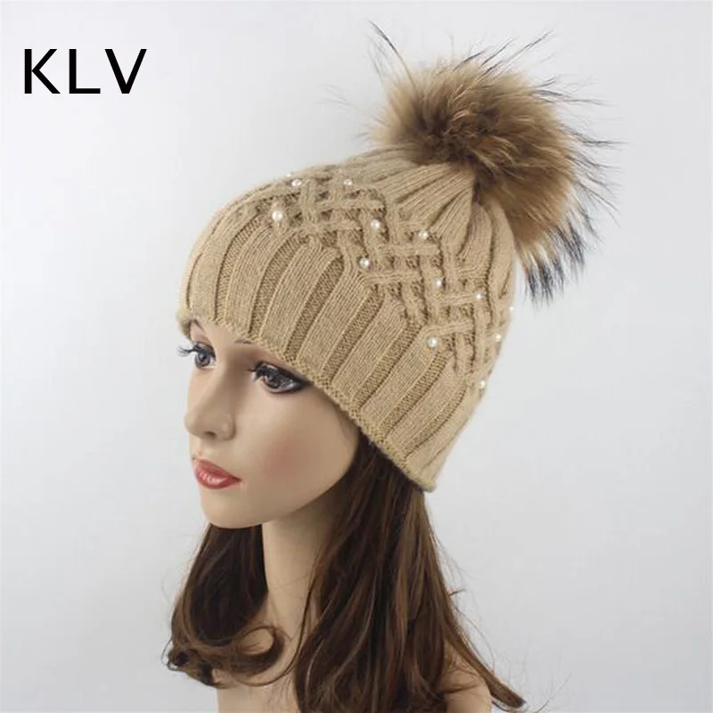 

2017 Pearl Natural Raccoon Fur Women's Winter Hats Girls Knitted Wool Rabbit Caps Female Headgear Pompom Skullies Beanies