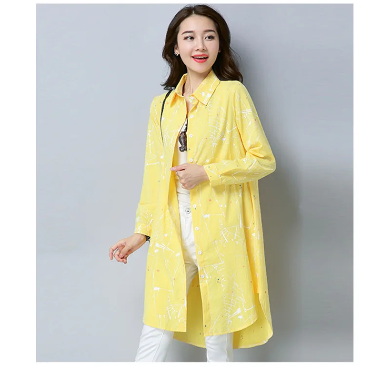 

Autumn Spring Women Yellow Red Printed Pattern Loose Long Sleeve Linen Blouse Shirt , Fall Colored Painted Blouses For Woman