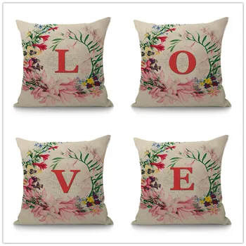 

Red Flower Wreath Letter Monogram Decorative Cushion Sofa Throw Pillow 45x45 cm 26 Alphabet Sign Cotton Linen Cushion Home Decor