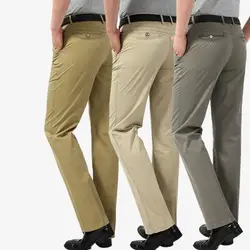 Весна Лето мужские повседневные брюки 100% хлопок однотонный тонкий прямой мужской бизнес брюки длинные брюки хаки серый желтый плюс размер