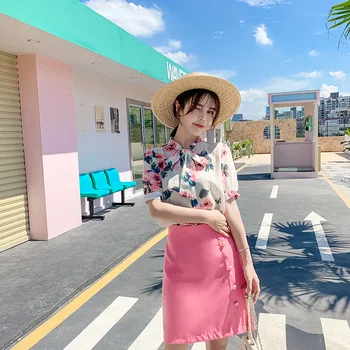 

2020 Summer New Fashion Suit Ins Summer Hot Sweet Sexy Bow Floral Shirt High Waist Buckle Skirt Skirt Tide Free Shipping