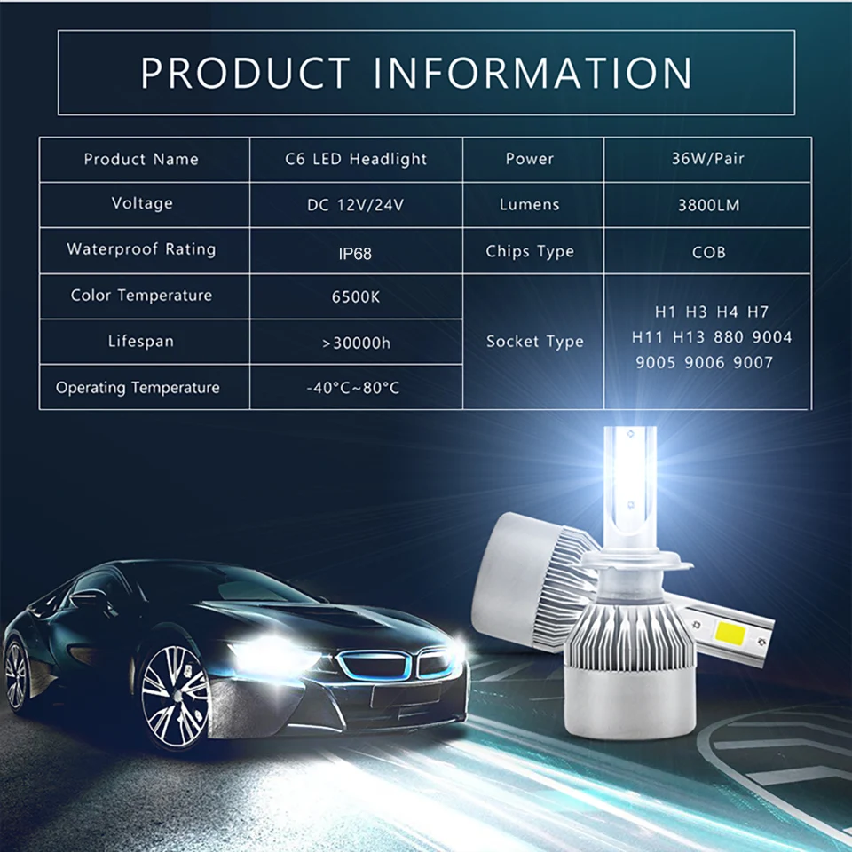 Горячие C6 все-в-одном автомобильные передние фары LED H 4 H1 9006 светодиодный налобный фонарик COB конверсионный Комплект DC 24V 8000LM 6500K белый луч лампы для автомобилей