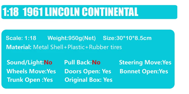 Детский 1:18 ford роскошный винтажный люкс 1961 LINCOLN Континентальный литой автомобиль масштаб металлический игрушечный автомобиль модель сувенир Миниатюрный