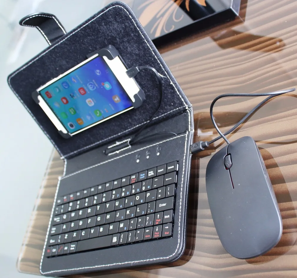 Black Mini Wired Keyboard General Wired Keyboard Flip Holster Case for Andriod OTG Mobile Phone 4.2''-6.8'' Tablet Laptop PC
