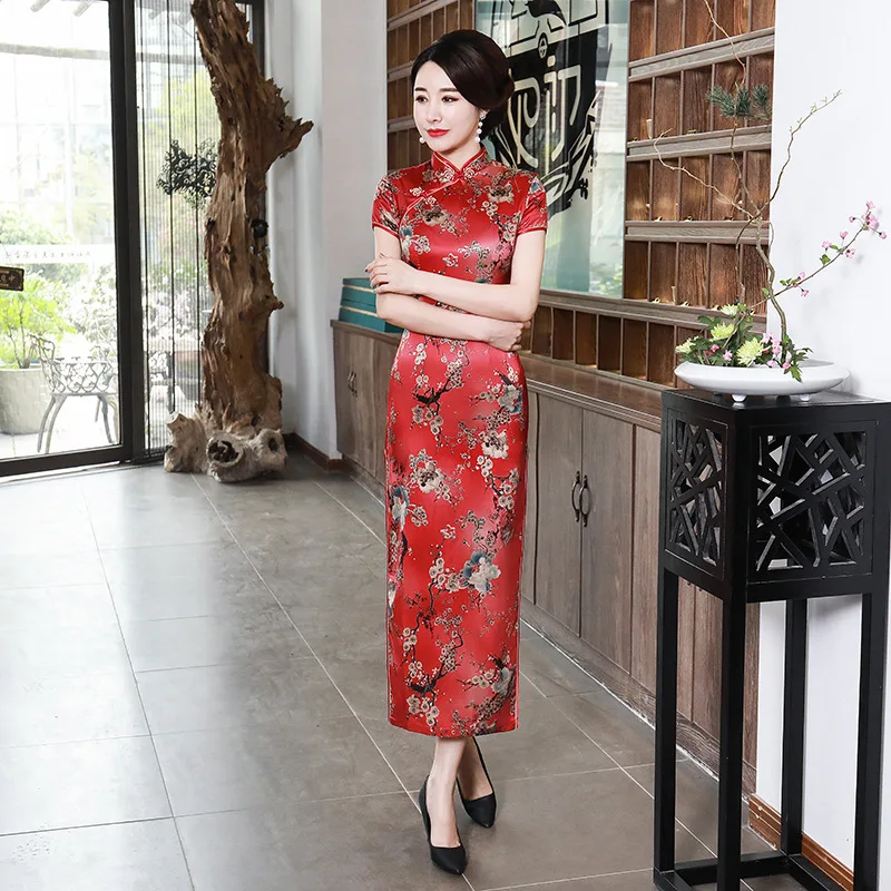 SHENG COCO женские элегантные платья Китайский Cheongsam длинное атласное платье Банкетный Ципао с цветами китайские платья Qipao Женская Роба в