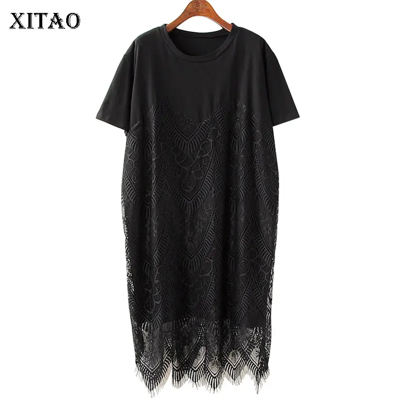 

[XITAO] New Women Europe Fashion 2018 Summer O-neck Short Sleeve Pullover Patchwork Lace Asymmetrical Above Knee Dress KZH771