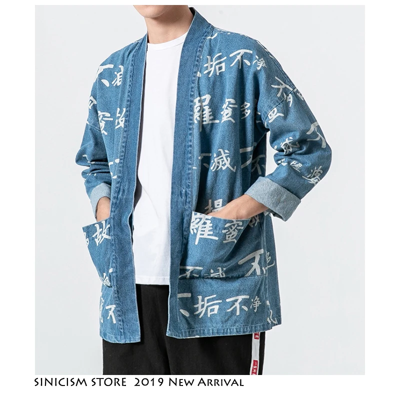 Sinicism Store Men Black Kimono Jackets 2019 Mens Letter Streetwear Denim Jacket Male Chinese Hip Hop Wind Breaker Plus Size