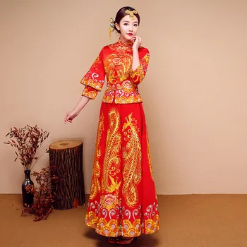 

Oriental Women Classic Cheongsam High Quality Embroidery Phoenix Marriage Suit Chinese Bride Wedding Evening Dress Toast Clothes