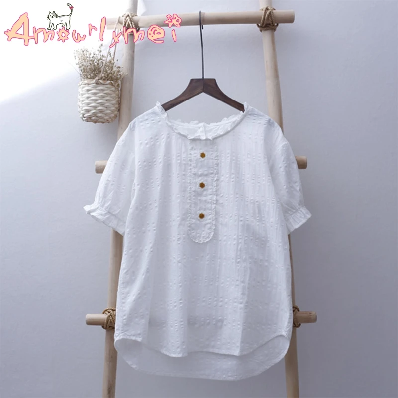 

Lace Flower Embroidery Sweet White Cotton Short Sleeve Shirt Tops Mori Girl