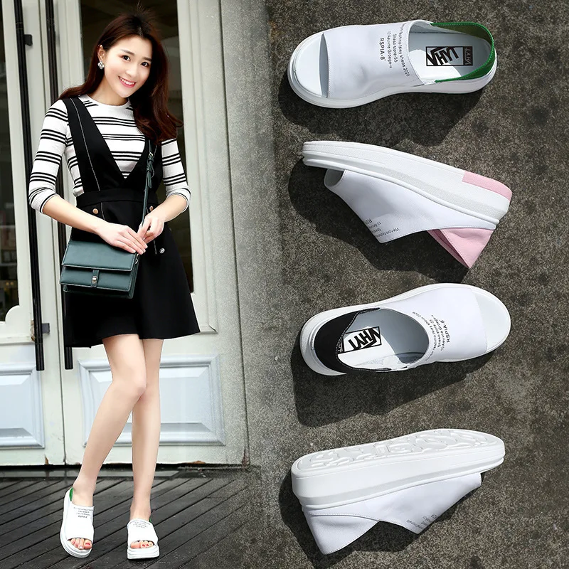 

Genuine Leather Sandals Student Woman Flat Bottom Slipper Clothes Peep-toe
