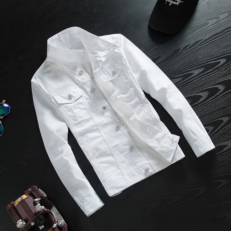 Дыра ковбой мужчин с длинным рукавом Тонкий корейской версии черный белый красивый прилива мужской случайный Молодежный красивый лацкане джинсовая куртка - Цвет: Y080white