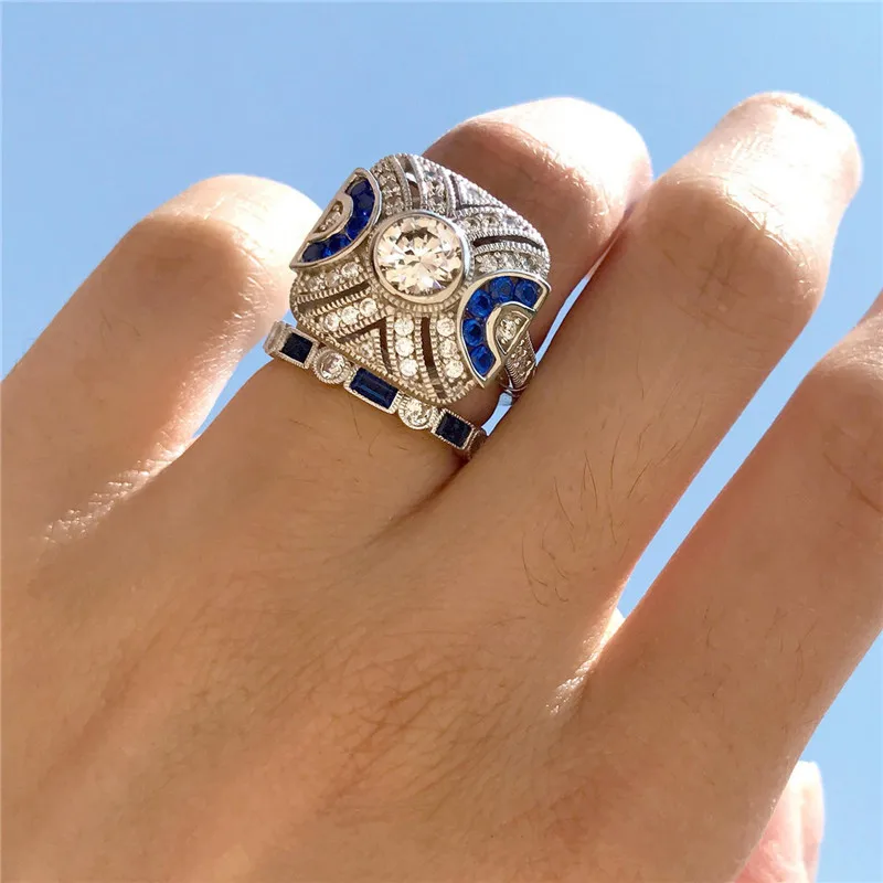 choucong Vintage Promise ring set Blue AAAAA Zircon Cz 925 sterling silver Anniversary Wedding Band Rings for women men Jewelry