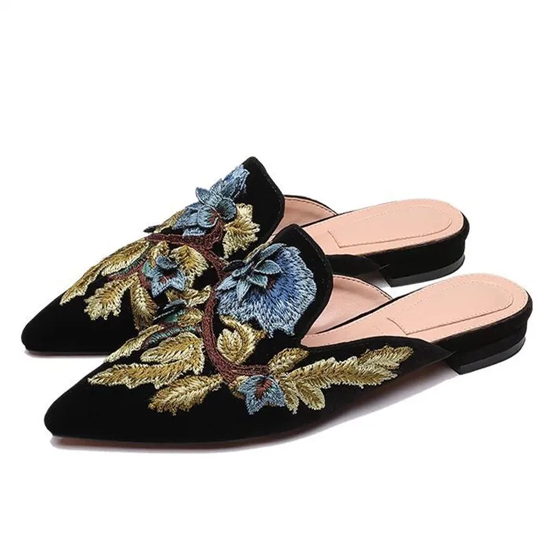 Ystergal/модные бархатные женские тапочки; обувь на плоской подошве с вышивкой; женские лоферы мюли с острым носком; женская обувь на плоской подошве; Уличная обувь - Цвет: Black Blue