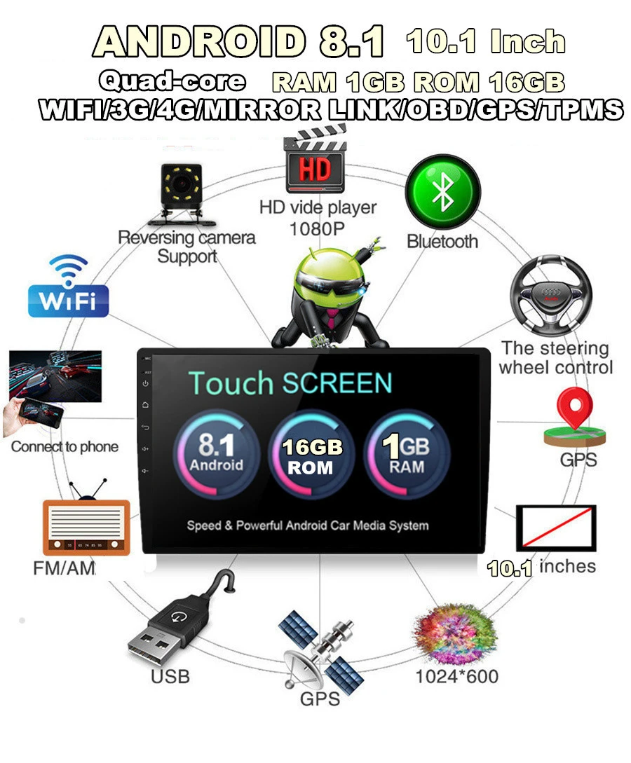 10," 1080 P Универсальный Android 8,1 сенсорный экран четырехъядерный ОЗУ 1 Гб ПЗУ 16 Гб автомобильный стерео радио Регулируемый gps Wifi Зеркало Ссылка