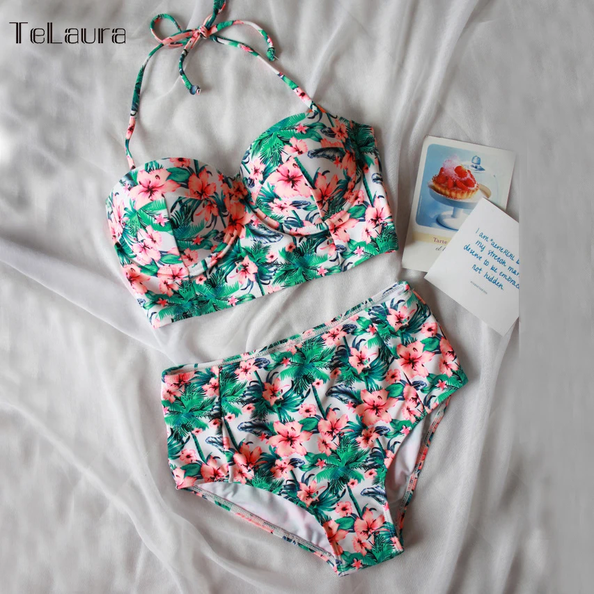 2016 Sexy Floral Print High Waist Swimsuit Bikini Push Up Swimwear Women Halter Top Biquini Bathing