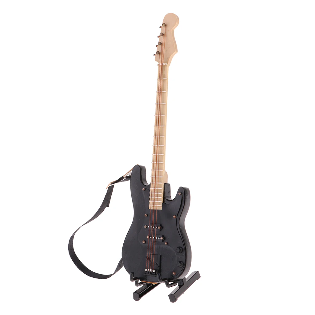 Handmade 1/6 Musical Instrument Crafts Wooden Electric Bass Guitar with Stand for Hot Toys for 1/6 BJD Dolls House