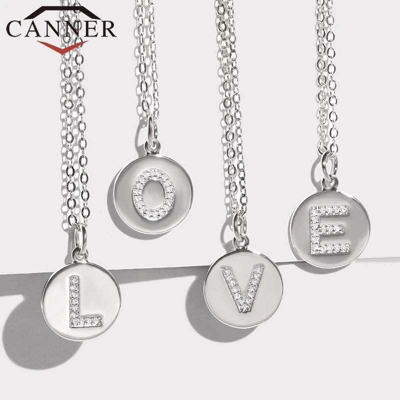 CANNER Simple Gold/Silver/Rose Gold Color Round Letter Pendant Necklace Trendy 26 Letters Zircon Necklaces for Women Men FO