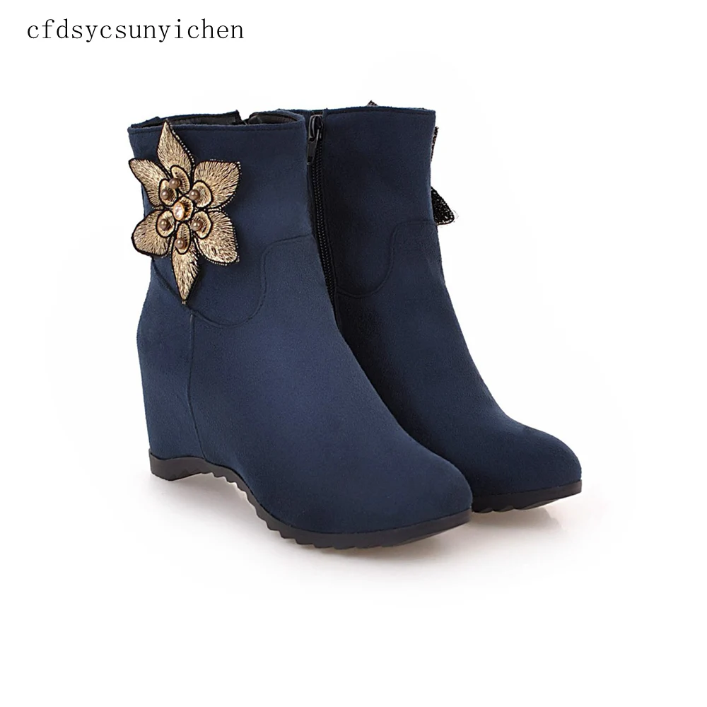 

Shoes Women Mid-Calf Boots High Quality Flock Woman Boots High Heels Height Increasing Women Shoes with Big Size F
