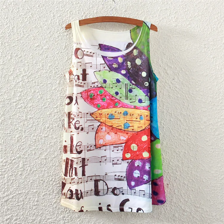 

Free Shipping New Summer Women Sleeveless Graphic Music Notes Print Cusal T-Shirt Vest