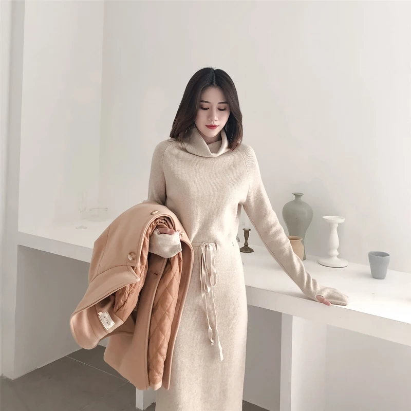 Winter Turtleneck Lace Up Knitted Long Full Sleeve Dress | Coins Shopy