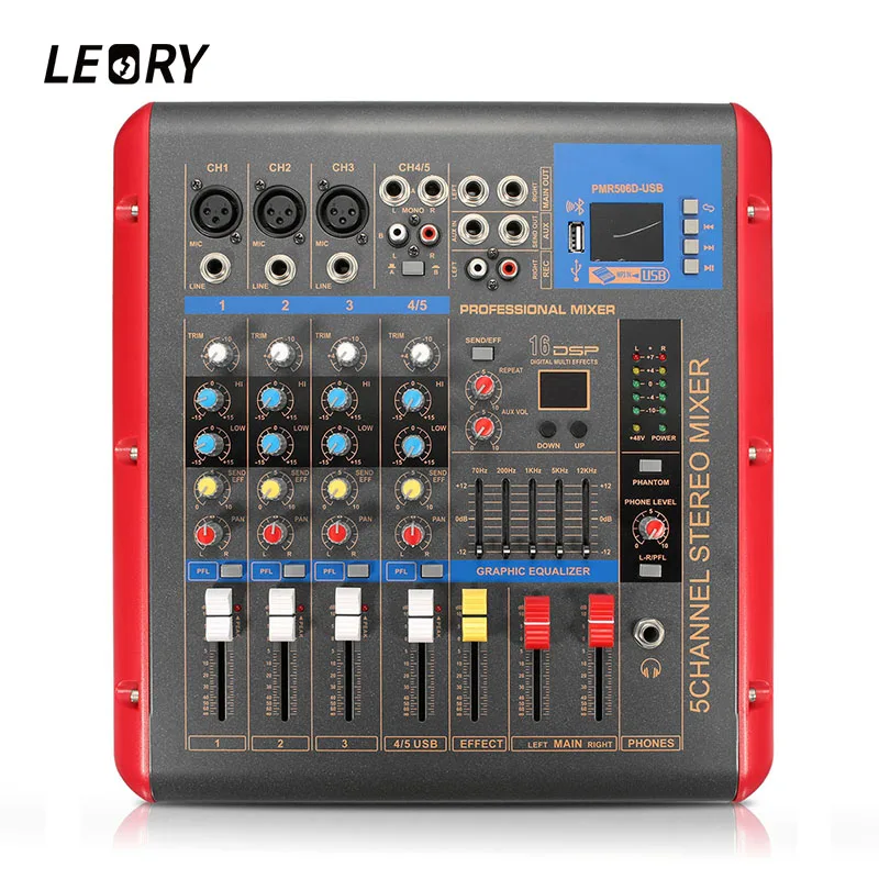 

LEORY Audio Mixer Amplifier Professional bluetooth 4 Channel Karaoke Stage Microphone Sound Mixing Console With USB 48V Phantom