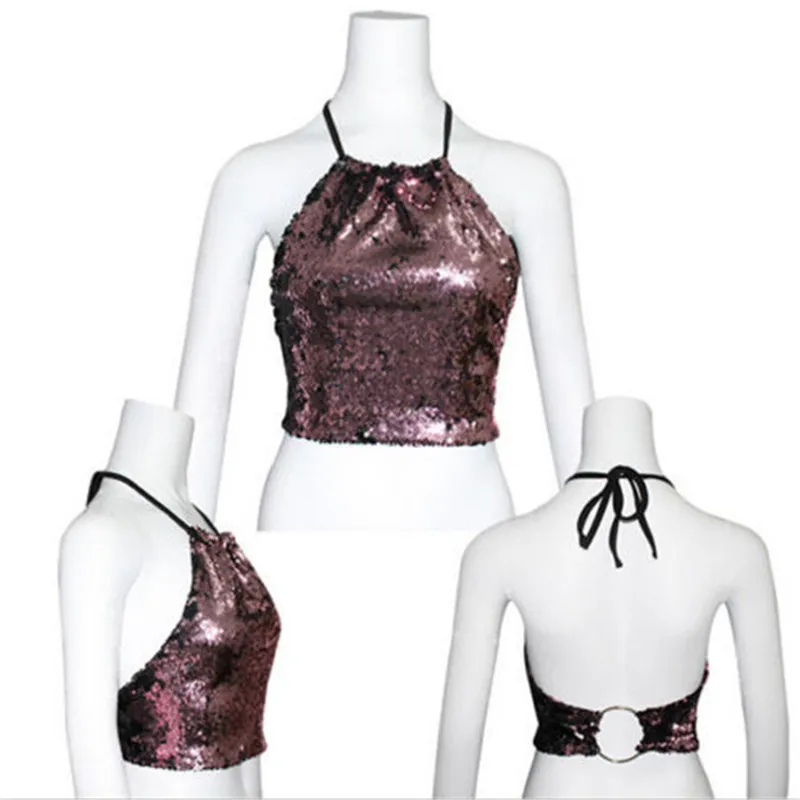 Buy Sexy Women Halter Sequin Shiny Rhinestones Crop