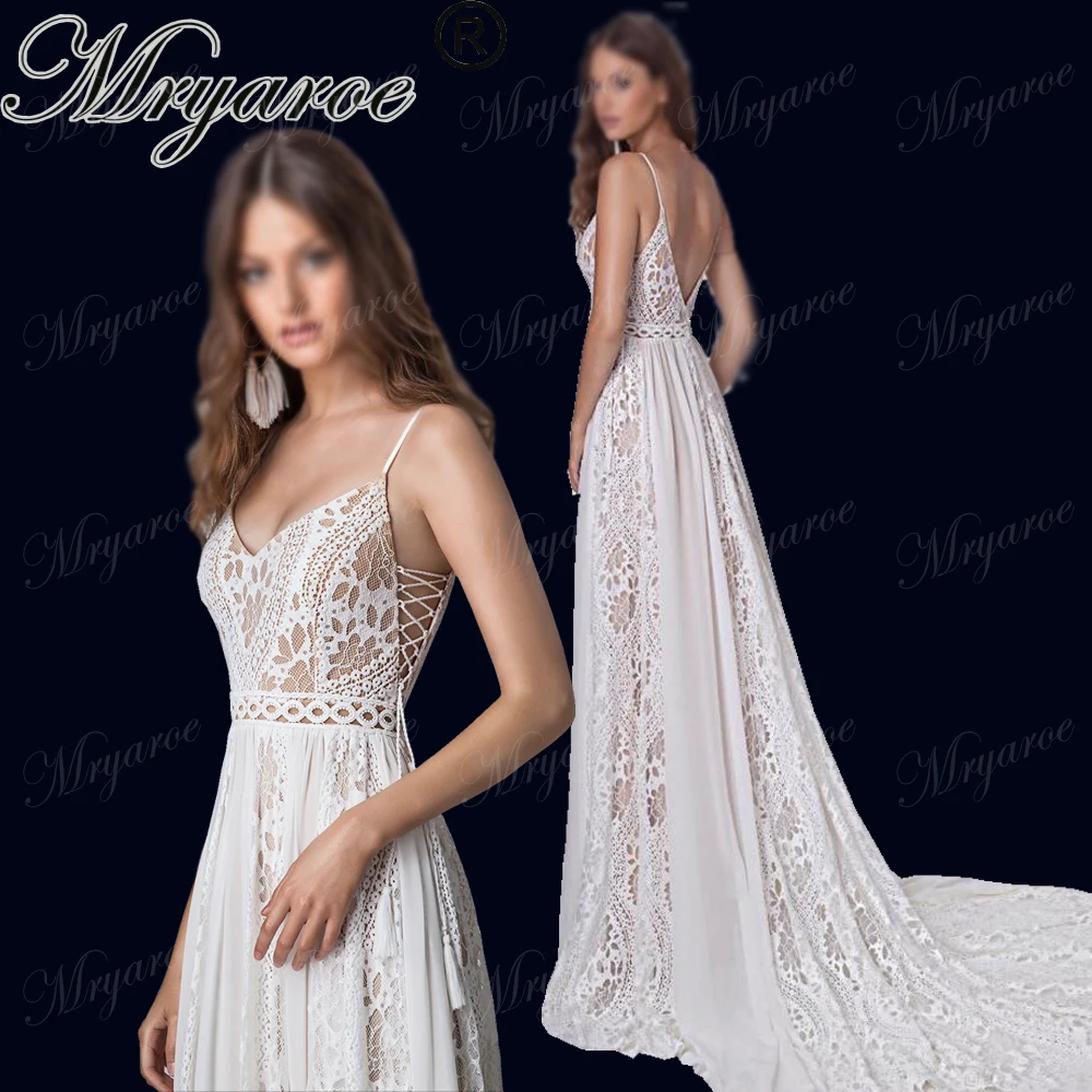 Mryarce 2019 Elegante Vestido De Boda Bohemio Con Tirantes Finos Encaje Retorcido De Gasa Con Corte En A Vestido De Novia Bohemio Con Espalda Abierta Bridal Gown Boho Chic Wedding Dresschic Wedding Dresses