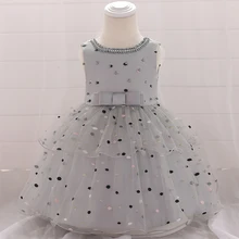 Новое платье с бусинами для маленьких девочек, многослойное пышное платье в горошек с бантом, платье, возраст, платье для торжеств, подходит для 0-24 месяцев