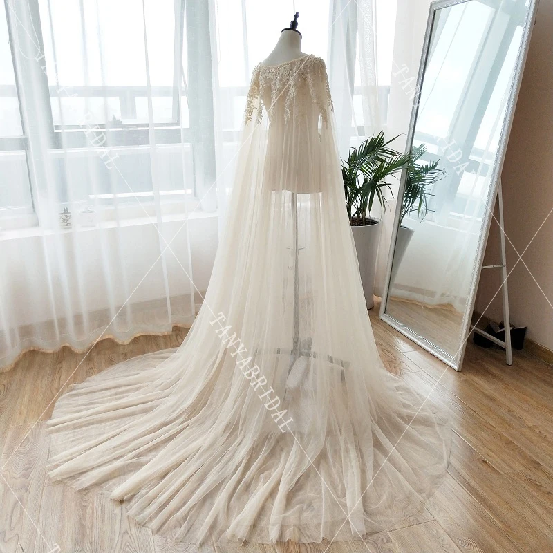 Blue Tulle Wedding Cape Gorgeous Beaded Pearls Lace Elegant Women Formal shawl Long Jacket DJ010