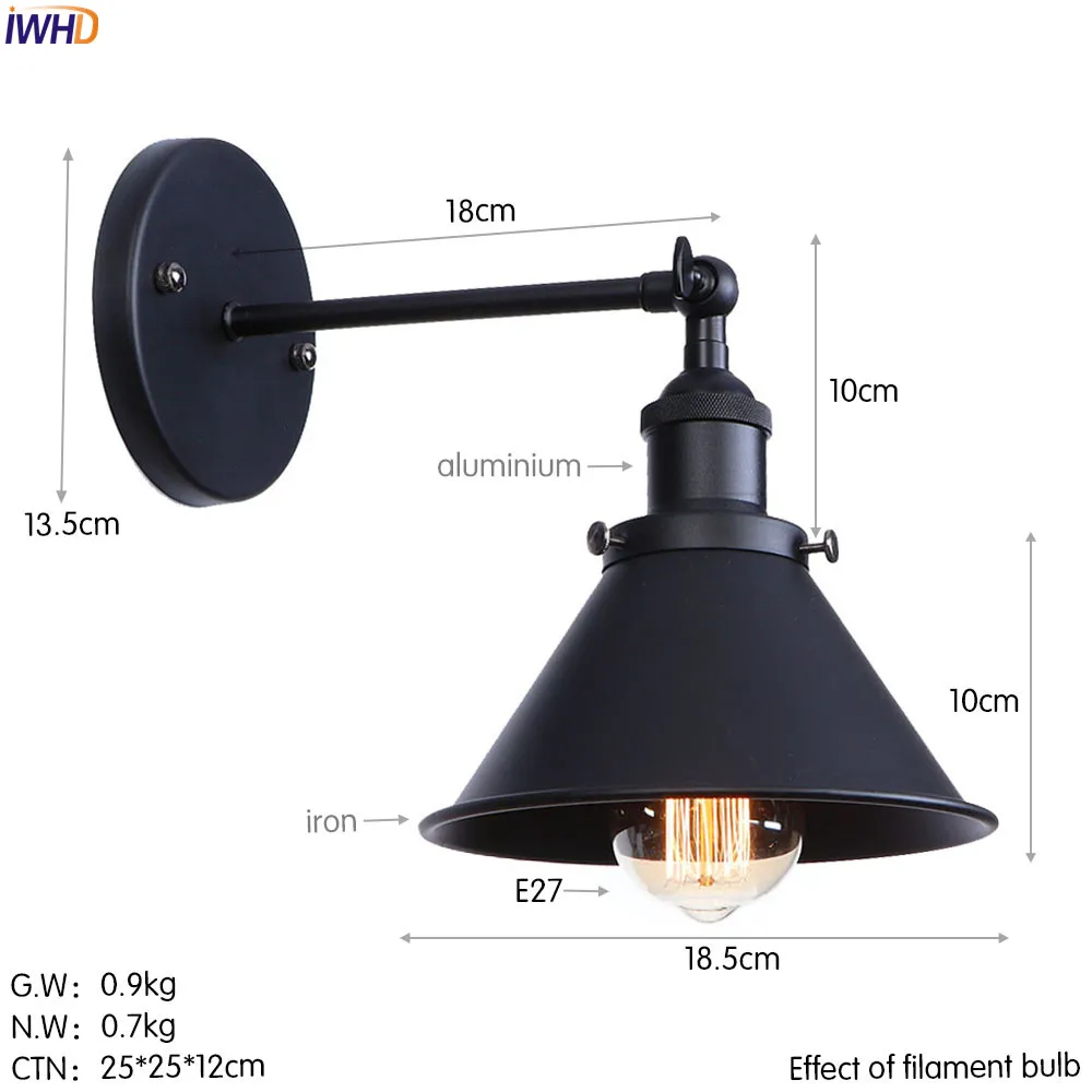 Ретро iwhd черные Настенные светильники для ванной комнаты, гостиной, регулируемые руки, антикварные винтажные настенные бра, светодиодный Эдисон рядом с лампой