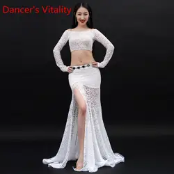 2019 новая одежда для танца живота сексуальный топ с длинными рукавами + кружевная длинная юбка 2 шт. для девочек тренировочные танцевальные