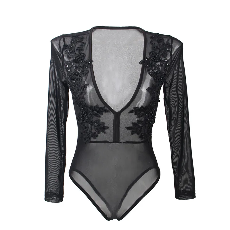 

Kombinezon Damski Deep V Neck Long Sleeve Body Femme Manche Longue Floral Black Transparent Rompers Womens Jumpsuit R80612