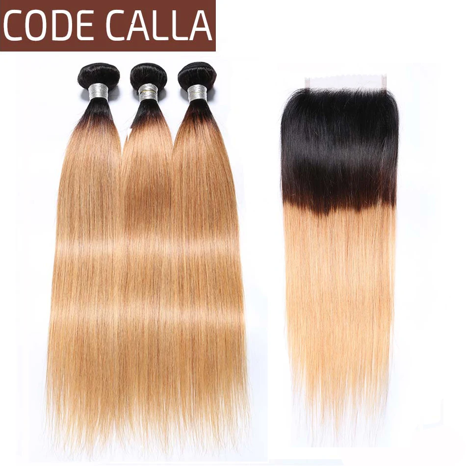 

Code Calla Brown Straight Bundles With 4*4 Lace Closure Ombre Color Indian Raw Virgin Human Hair Weft Extension Free Shipping
