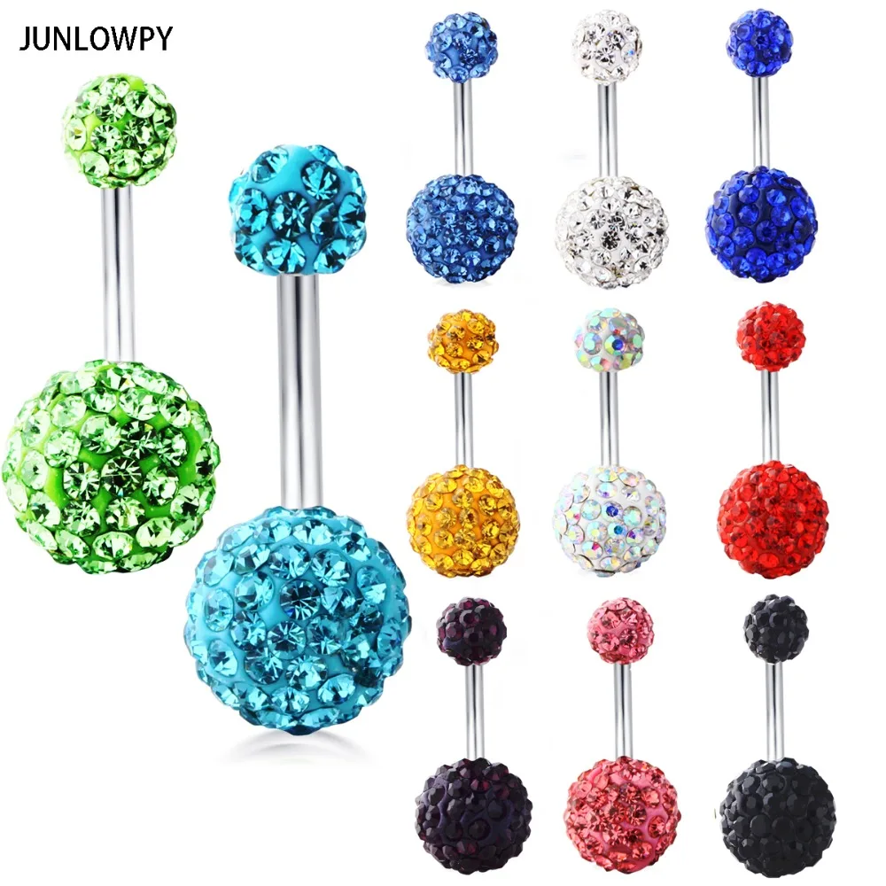 

JUNLOWPY Surgical Steel Disco Shaballa Double Crystal Balls Belly Button Ring Navel Bar Barbell Rings Piercing Body Jewelry 14g