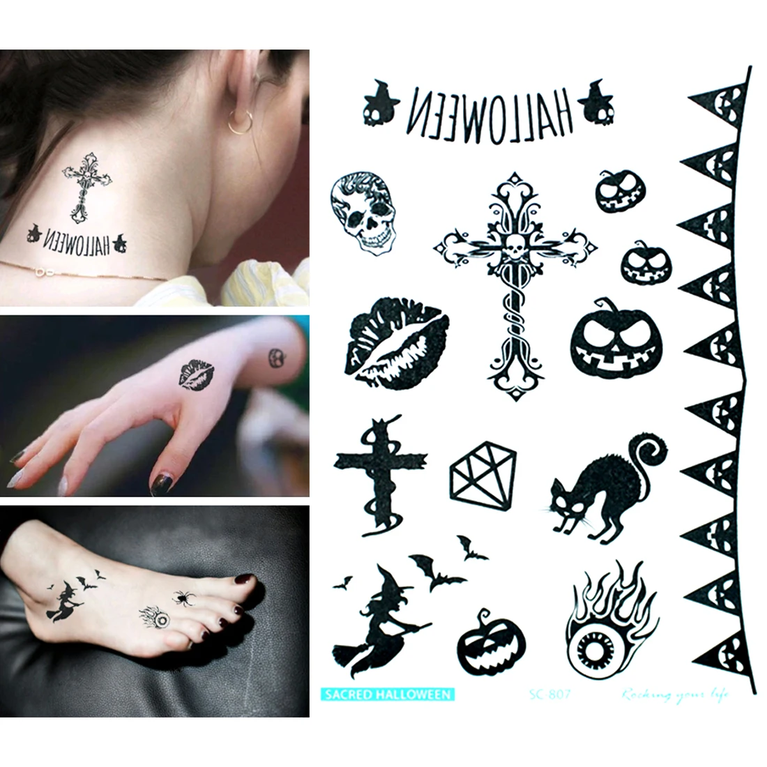 

Halloween Theme Ghoul Hand Skeleton Cross Tattoos With Fake Scab Makeup Halloween Decoration Sticker