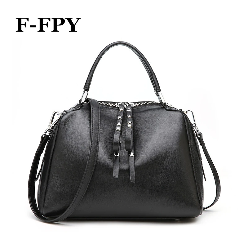 

F-FPY Fashion Women Tote Bag 100% Genuine Leather Female Boston Handbags Luxury Rivets Messenger Crossbody Purse Shoulder Bags