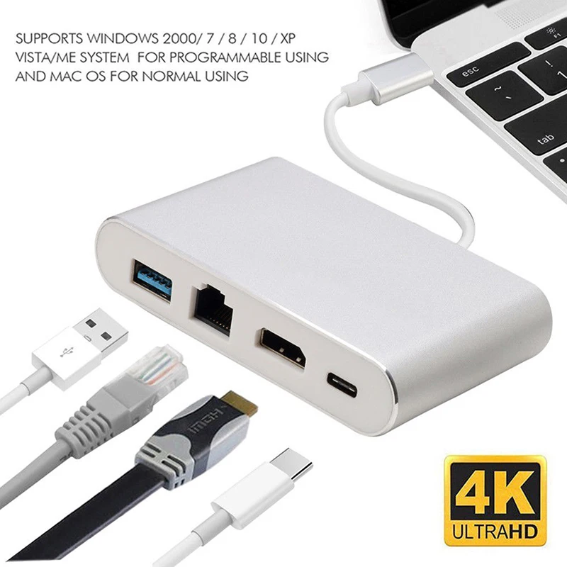 

USB-C to 4K HDMI RJ45 Gigabit Ethernet USB 3.1 Type C Port 4 in 1 USB C Hub Adapter